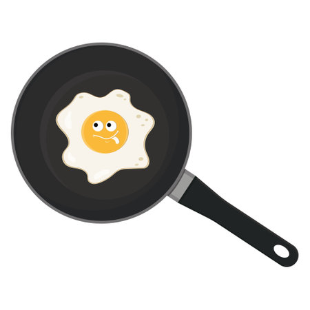 Fried egg character with kawaii eyes in a frying pan, black outline, line, vector illustrationのイラスト素材