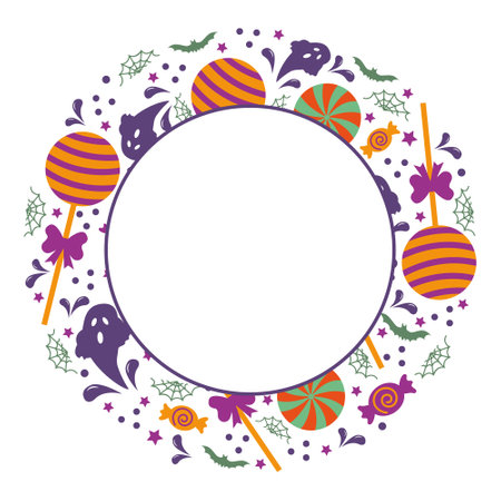 Round Halloween frame with ghosts, cobwebs and sweets, vector illustrationのイラスト素材