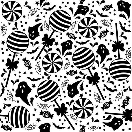 Halloween candy pattern, black and white vector illustrationのイラスト素材