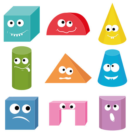 Characters, Multicolored volumetric geometric shapes of kawaii, color vector illustrationのイラスト素材