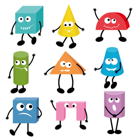 Characters, Multicolored volumetric geometric shapes of kawaii, color vector illustrationのイラスト素材
