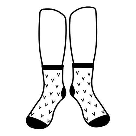 Warm socks on the feet with a pattern, black outline, vector illustrationのイラスト素材