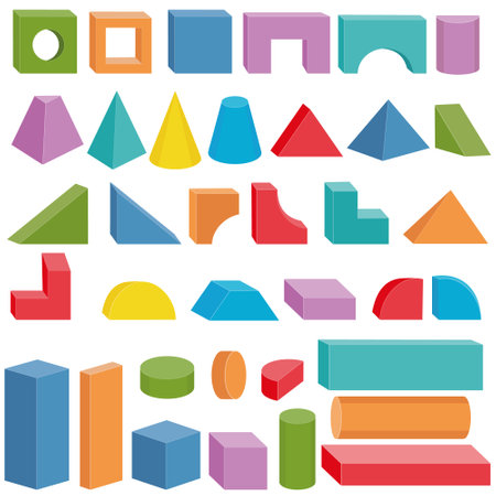 Multi-colored insulated wooden blocks for the construction of a childrens tower, castle, house. Vector illustration.のイラスト素材