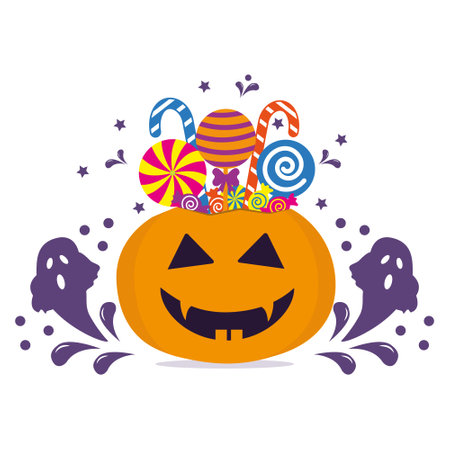 Halloween pumpkin basket full of candies and sweets on violet backgroundのイラスト素材
