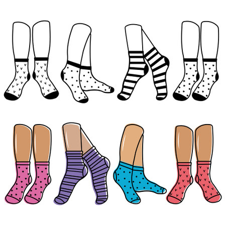 Colored socks on feet, color vector isolated cartoon-style illustrationのイラスト素材