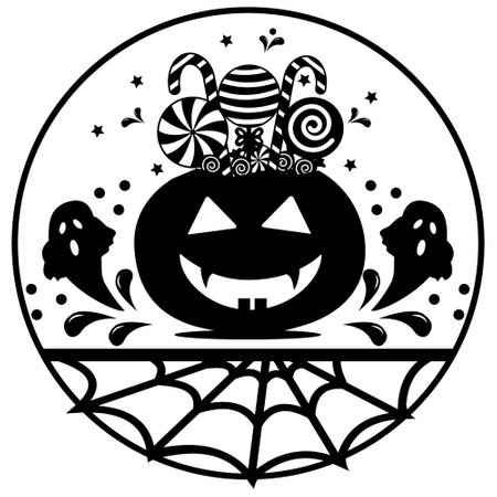 Halloween pumpkin basket full of candies and sweets on violet backgroundのイラスト素材