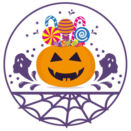 Halloween pumpkin basket full of candies and sweets on violet backgroundのイラスト素材