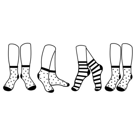 Warm socks on the feet with a pattern, black outline, vector illustrationのイラスト素材