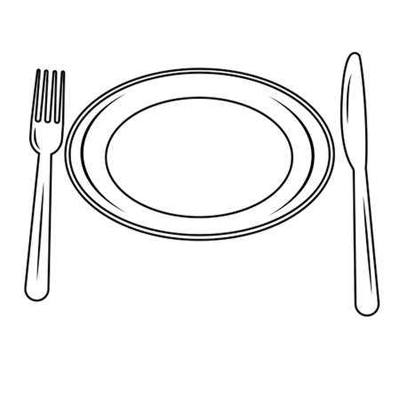 Cutlery fork and knife and plate, color isolated illustration, black contour doodleのイラスト素材
