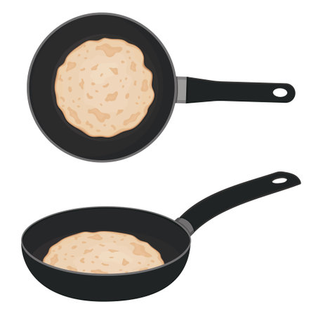 Stack of pancakes in a frying pan, color vector isolated cartoon-style illustrationのイラスト素材