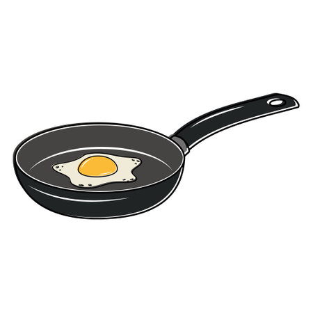 Fried egg in a black frying pan, color vector illustrationのイラスト素材