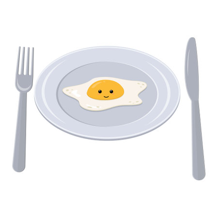 Fried kawaii egg on a plate, color isolated vector illustration in cartoon style.のイラスト素材