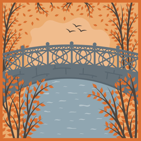 Landscape autumn bridge in the park, color vector multilayer illustration, papercutのイラスト素材