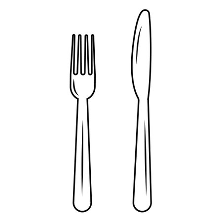 Cutlery fork and knife, color isolated illustration, black contour doodleのイラスト素材