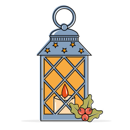 Interior landscape Christmas lantern with candle, color vector illustration in cartoon style.のイラスト素材