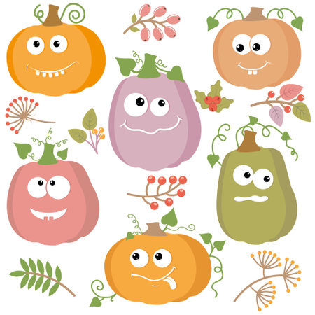 A set of kawaii pumpkins and autumn plants with berries, vector isolated cartoon-style illustrationのイラスト素材