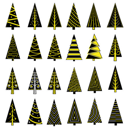 Hand drawn set of Christmas trees. Holidays background. Abstract doodle drawing woods. Vector art illustrationのイラスト素材