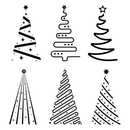 A set of illustrations of an abstract Christmas tree doodle hand-drawn vector sketch linesのイラスト素材