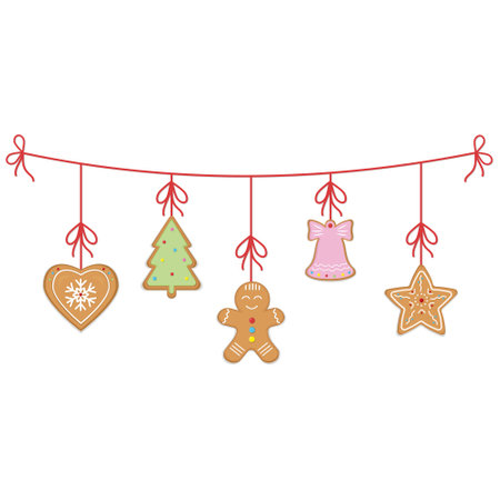 Christmas garland of ginger cookies, color vector illustration in cartoon styleのイラスト素材
