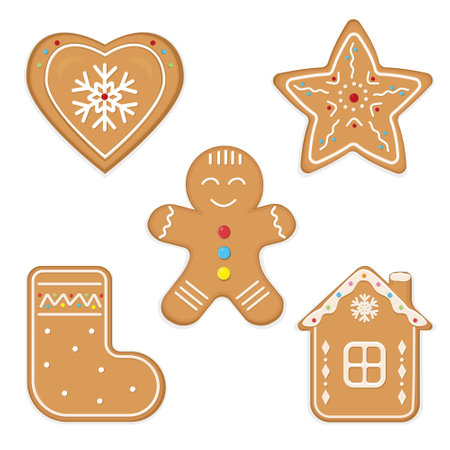 A large set of Christmas gingerbread: gingerbread houses, gingerbread man, snowflakes, sock, Christmas tree, bell, star, mitten. Vector illustration.のイラスト素材