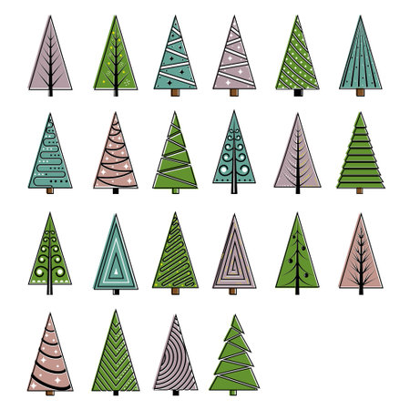 Hand drawn set of Christmas trees. Holidays background. Abstract doodle drawing woods. Vector art illustrationのイラスト素材