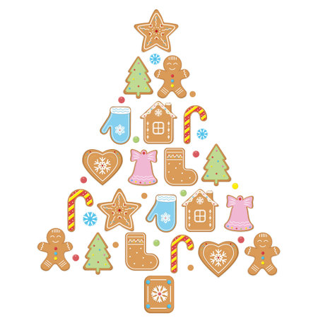 Christmas tree made of ginger cookies, color vector illustration in cartoon styleのイラスト素材