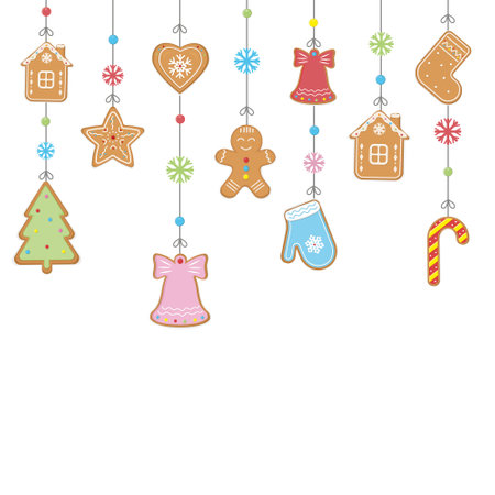 Christmas garland of ginger cookies, color vector illustration in cartoon styleのイラスト素材