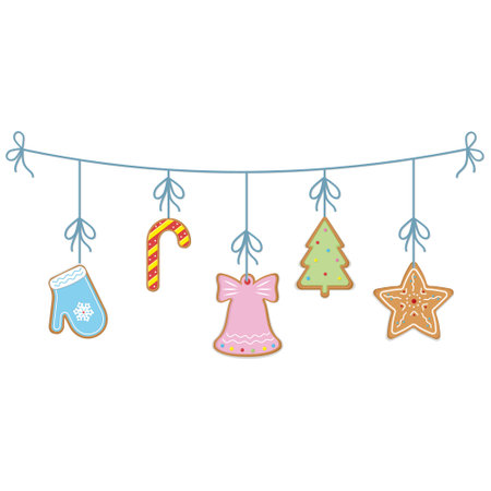 Christmas garland of ginger cookies, color vector illustration in cartoon styleのイラスト素材