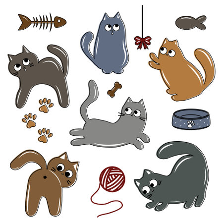 A set of cute colored cat characters with a black outline, doodle style, isolated vector illustrationのイラスト素材