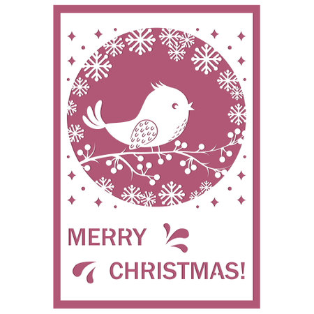 Christmas card papercut winter bird on a branch with a berry, vector illustrationのイラスト素材