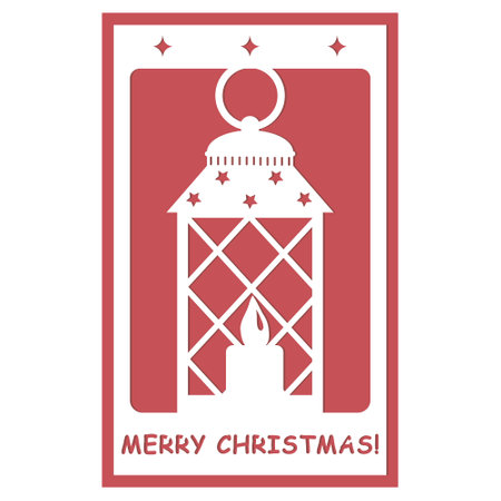 Festive 3D postcard in the style of papercut, with a Christmas openwork lantern with a candle, vector illustrationのイラスト素材