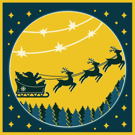 Santa Claus on reindeer, a multi-layered Christmas card in the style of papercutのイラスト素材