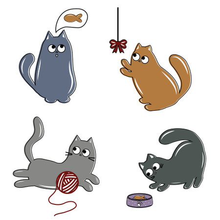 A set of cute colored cat characters with a black outline, doodle style, isolated vector illustrationのイラスト素材