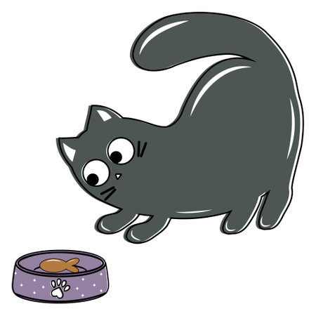 Cute cat with a bowl of food, color vector illustration in doodle styleのイラスト素材