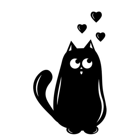 Cute cat in love, black outline vector illustration in doodle styleのイラスト素材