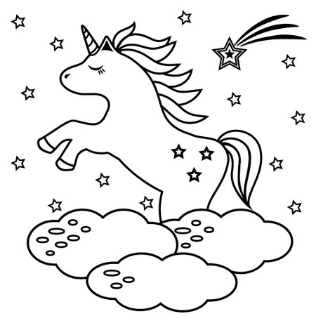 Cute cartoon unicorn on clouds. For the design of coloring books, prints. Vectorのイラスト素材