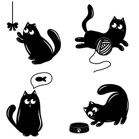 Set of cute cat characters, black outline, doodle style, isolated vector illustrationのイラスト素材