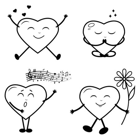 Set of heart-shaped characters, black outline, vector illustration in doodle styleのイラスト素材