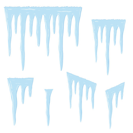 Ice texture. Icicles isolated on white. Seamless icicles line border. Vector design element.のイラスト素材