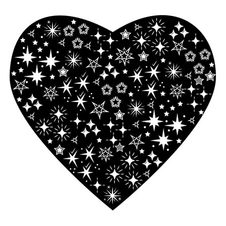 Black silhouette of an abstract heart with a star ornament, vector filtered illustrationのイラスト素材