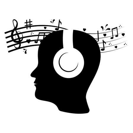 profile silhouette of a man in headphones, vector illustration, stencil iconのイラスト素材