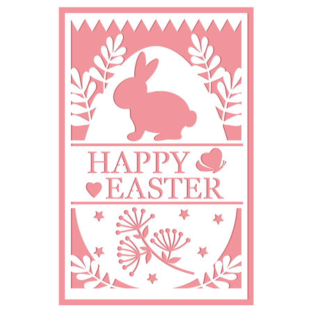 Greeting card template with Easter bunny, papercut style paper cutting, vector illustrationのイラスト素材