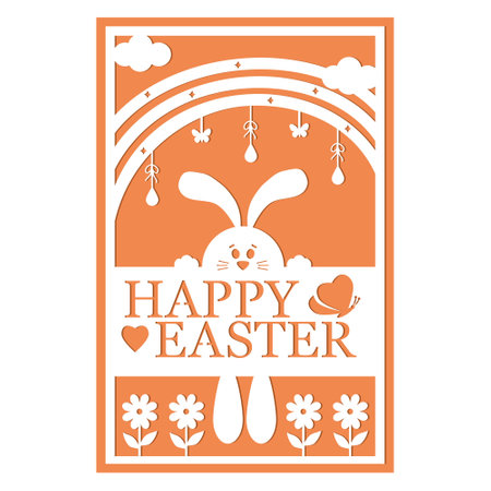 Greeting card template with Easter bunny, papercut style paper cutting, vector illustrationのイラスト素材