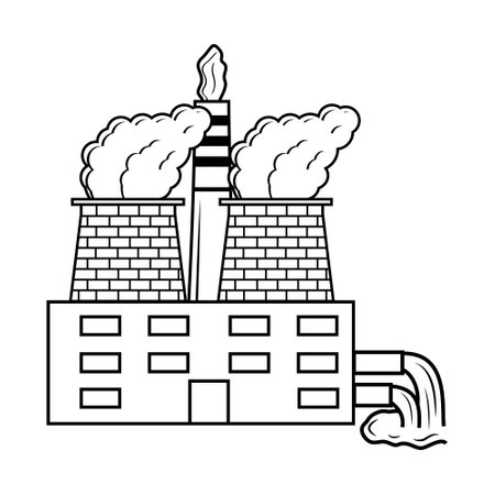 Environmental pollution with factory pipes emitting smoke, dirty air and liquid waste. Vector illustration black outline coloringのイラスト素材