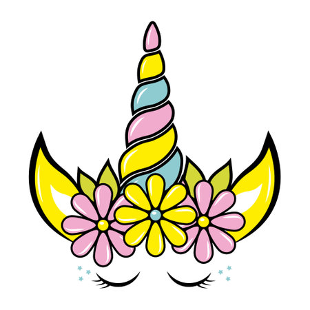 A unicorn with a rainbow horn and eyes. Color vector illustration in doodle style.のイラスト素材