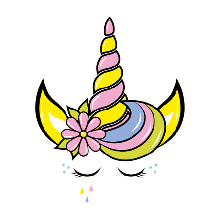 A unicorn with a rainbow horn and eyes. Color vector illustration in doodle style.のイラスト素材