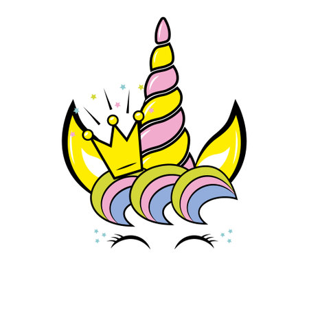 A unicorn with a rainbow horn and eyes. Color vector illustration in doodle style.のイラスト素材