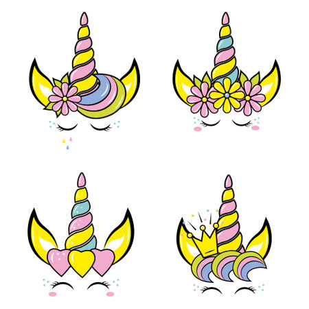 A unicorn with a rainbow horn and eyes. Color vector illustration in doodle style.のイラスト素材