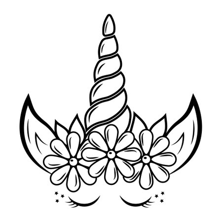 Beautiful unicorn with petals and flowers. Vector outline for coloring bookのイラスト素材