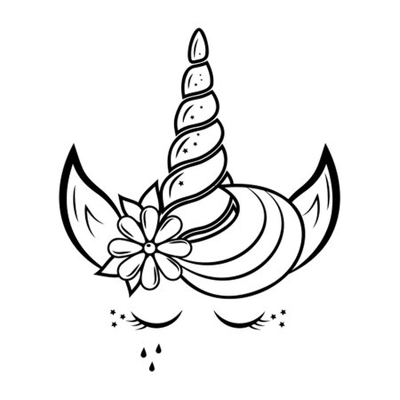 Fabulous unicorn pony decorated, black contour coloring, vector isolated illustration in doodle styleのイラスト素材